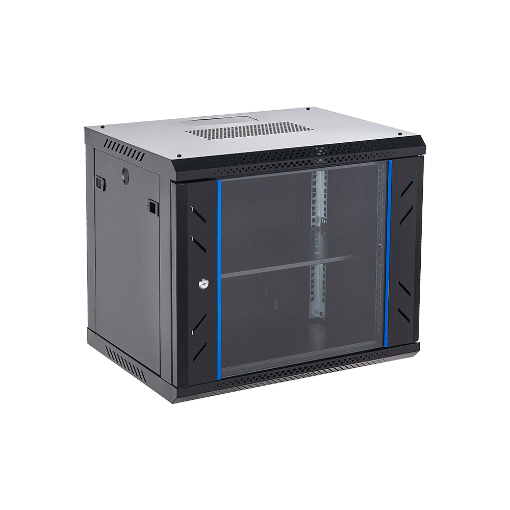 9U Wall Mount Cabinet with Locking Glass Door and 2 Fans 